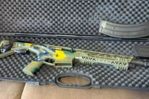 Arma de Bolsonaro customizada com as cores do Brasil.