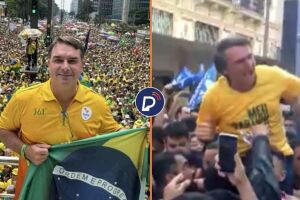 Fl&aacute;vio Bolsonaro em ato e Jair Bolsonaro sofrendo uma facada durante campanha.