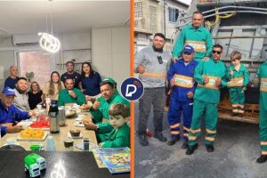 Garotinho de quatro anos, f&atilde; de garis, ganha festa de anivers&aacute;rio tem&aacute;tica com caminh&atilde;o de lixo