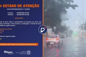 APAC eleva aviso para n&iacute;vel laranja de ATEN&Ccedil;&Atilde;O e renova continuidade de chuva nas pr&oacute;ximas 24 horas