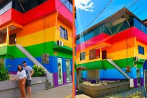 Casa LGBTQIA+ em Iriri, no Esp&iacute;rito Santo, pintada com as cores da bandeira em homenagem ao filho