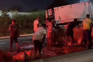 Pessoas foram registradas retirando produtos ap&oacute;s o tombamento de um caminh&atilde;o na BR-324.