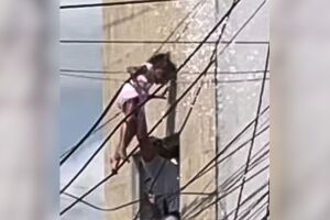 Da janela, o policial estendeu o corpo em dire&ccedil;&atilde;o &agrave; crian&ccedil;a, segurou-a e a puxou para dentro da casa.