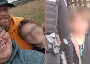 Menino com os pais adotivos e momento em que ele &eacute; conduzido algemado.