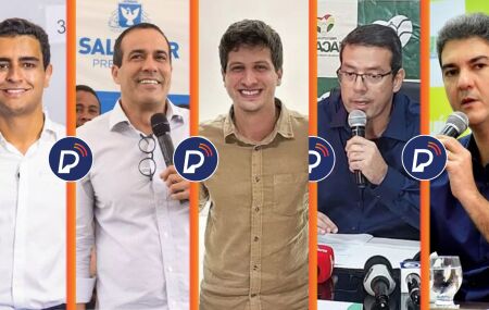 Da esquerda para direita, JHC, prefeito de Macéio, Bruno Reis, prefeito de Salvador, João Campos, prefeito do Recife, Antonio Furlan, prefeito de Macapá, e Eduardo Breide, prefeito de São Luís.