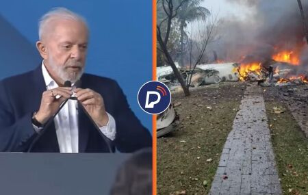 Lula interrompe discurso para pedir um minuto de silêncio para vítimas de acidente aéreo, em Vinhedo. Fot: Arte/Portal de Perfeitura