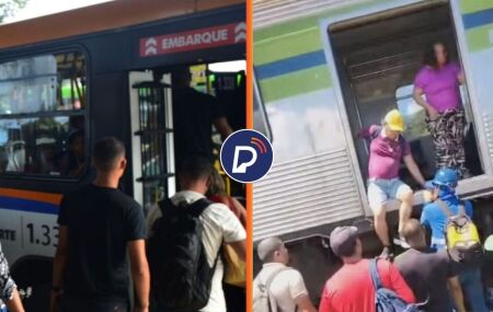 Usu&aacute;rios subindo no &ocirc;nibus e descendo do metr&ocirc;.
