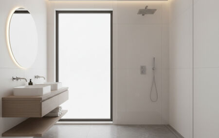 Banheiro moderno com chuveiro walk-in, evidenciando o design minimalista.
