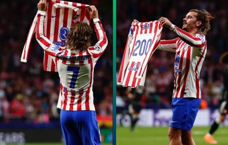 Antoine Griezmann comemora gol de n&uacute;mero 200 pelo Atleti.