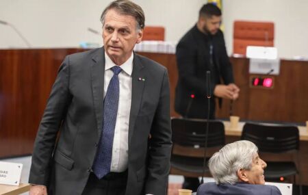Ex-presidente Bolsonaro em julgamento no STF.