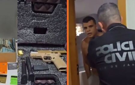 Momento em que pol&iacute;cia bate na porta do pastor e materiais apreendidos.