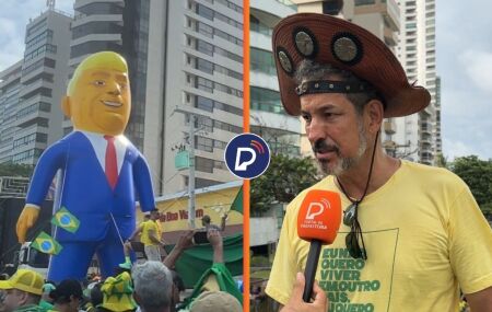 Marconi Ferraz e boneco gigante de Trump em Recife 