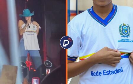Ana Castela ganha camisa da rede de ensino de Pernambuco que viralizou com dancinhas no Tik Tok.