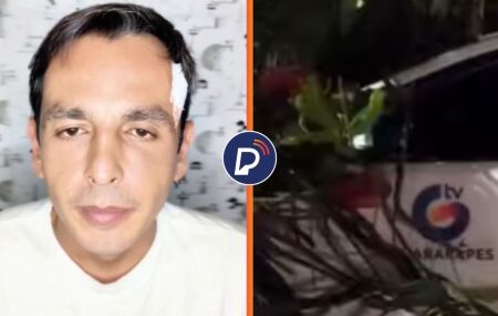 Rep&oacute;rter que ficou ferido e &aacute;rvore em cima de carro da emissora.