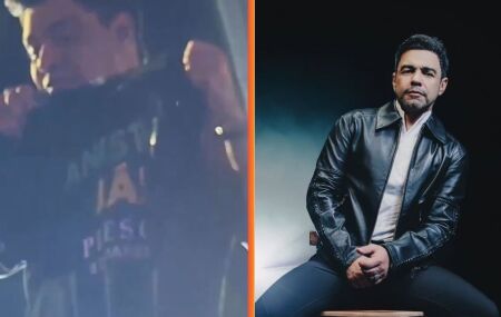 Zez&eacute; Di Camargo ergue camisa pedindo anistia para presos do 8 de Janeiro durante show