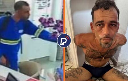 Momento do assalto a &oacute;tica e homem que foi preso de cueca.