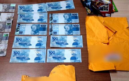 C&eacute;dulas falsas apreendidas pela PF.