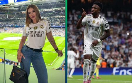 Virg&iacute;nia e Vini Jr com camisa do Real Madrid.