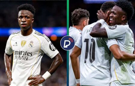 Vin&iacute;cius J&uacute;nior comemorando gol de Mbapp&eacute; contra o Barcelona.