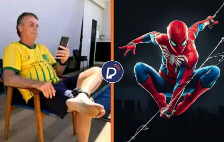 Jair Bolsonaro de tornozeleira eletr&ocirc;nica ao lado de uma imagem ilustrativa do Homem-Aranha.