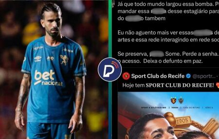 S&eacute;rgio Oliveira em partida pelo Sport. Na outra metade, o desabafo do torcedor.