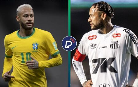 Neymar com a camisa da Sele&ccedil;&atilde;o Brasileira e do Santos.