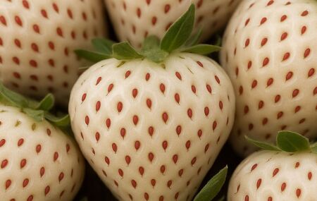 Oportunidade (23)Morango branco, tamb&eacute;m chamado de pineberry, destaca sua polpa clara e sementes avermelhadas em produ&ccedil;&atilde;o especializada.