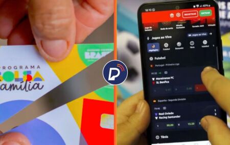 Cart&atilde;o do Bolsa Fam&iacute;lia cortado e celular em aplicativo de apostas.