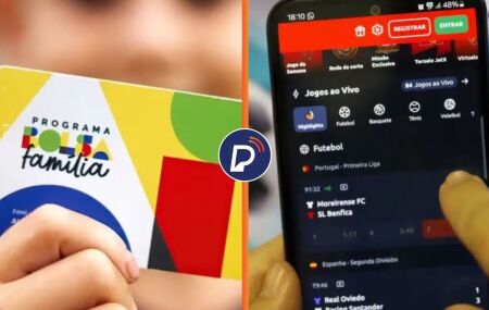 Pessoa segurando cart&atilde;o do Bolsa Fam&iacute;lia e pessoa mexendo no celular.