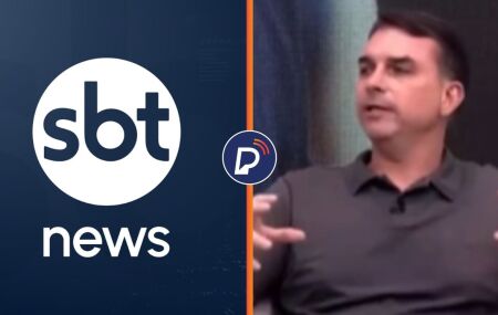 Logo do SBT News e Fl&aacute;vio Bolsonaro em entrevista a Leo Dias.