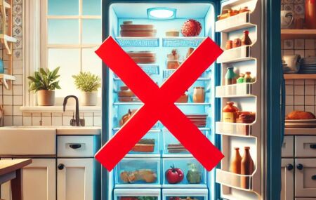 Imagem ilustrativa de uma geladeira com um X vermelho.