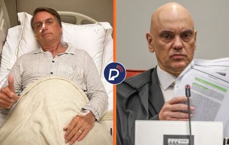 Jair Bolsonaro em hospital e Alexandre de Moraes segurando um papel.