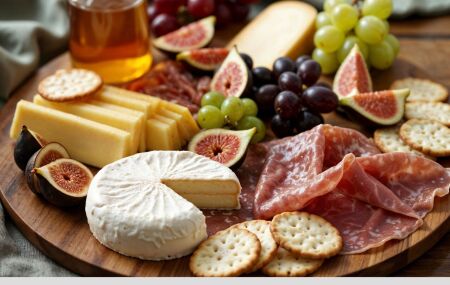 T&aacute;bua de frios montada com queijos, embutidos e acompanhamentos simples, pronta para servir.