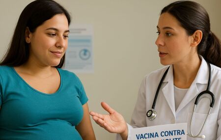 Gestante recebe informa&ccedil;&atilde;o sobre a nova vacina contra o VSR oferecida pelo SUS.