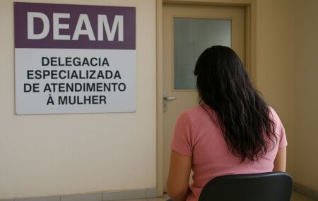 Mulher aguardando atendimento em delegacia especializada, rede de acolhimento ainda apresenta falhas graves.
