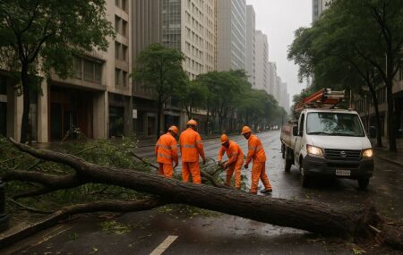 &Aacute;rvores ca&iacute;das e equipes de reparo no centro de S&atilde;o Paulo ap&oacute;s a ventania causada pelo ciclone.