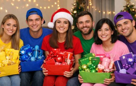 Participantes com camisetas e presentes na cor sorteada durante confraterniza&ccedil;&atilde;o do amigo secreto das cores nas redes sociais.