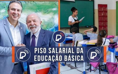 Camilo Santana, ministro da Educa&ccedil;&atilde;o ao lado de Lula e professora dando aula.