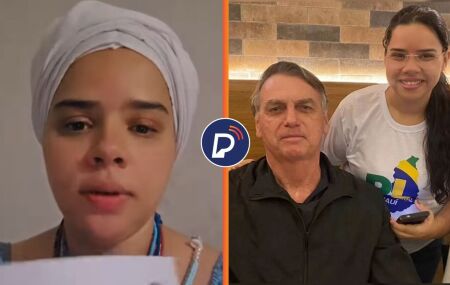 Mulher acusada de macumba e ela ao lado de Bolsonaro.