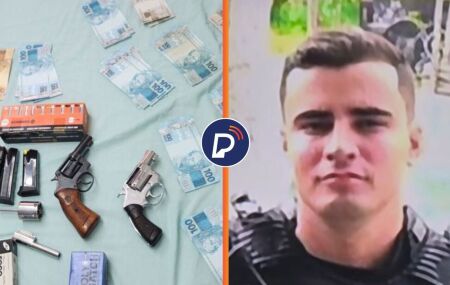 Dinheiro e armas apreendidas na opera&ccedil;&atilde;o e PM que morreu.