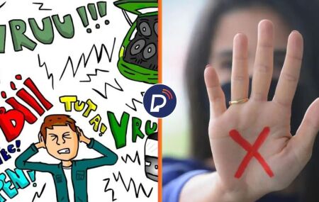 Polui&ccedil;&atilde;o sonora e mulher estendendo a m&atilde;o contra viol&ecirc;ncia.