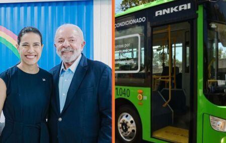 Raquel Lyra ao lado de Lula e &ocirc;nibus el&eacute;trico.