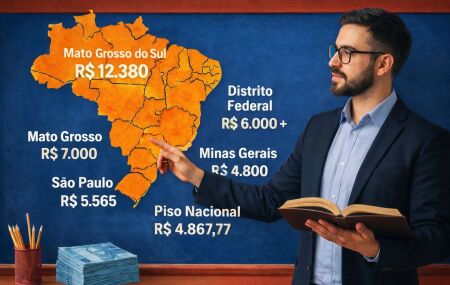 Mapa do Brasil com o Piso salarial de 2025 do Professor 