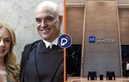 Ministro Alexandre de Moraes junto da esposa e fachada do Banco Master.