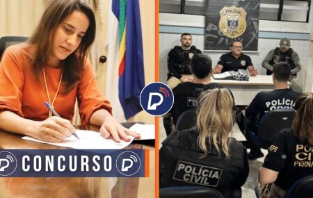 Governadora Raquel Lyra assinando documento e agentes da Pol&iacute;cia Civil de Pernambuco.