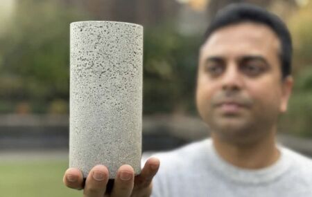Chamila Gunasekara, coautor da pesquisa da Escola de Engenharia da RMIT, com o Bioconcreto.