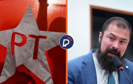 Pessoas com bandeira do PT e deputado do PL Paulo Bilynskyj.