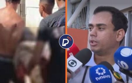 Momento em que populares levam adolescente e m&eacute;dico do Tricenten&aacute;rio em coletiva de imprensa.