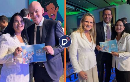 Michele Collins apresenta Arena da Inclus&atilde;o ao presidente da FIFA.