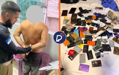 Policial Civil de Pernambuco prendendo envolvido e cart&otilde;es apreendidos durante Opera&ccedil;&atilde;o Pacto de Sangue.